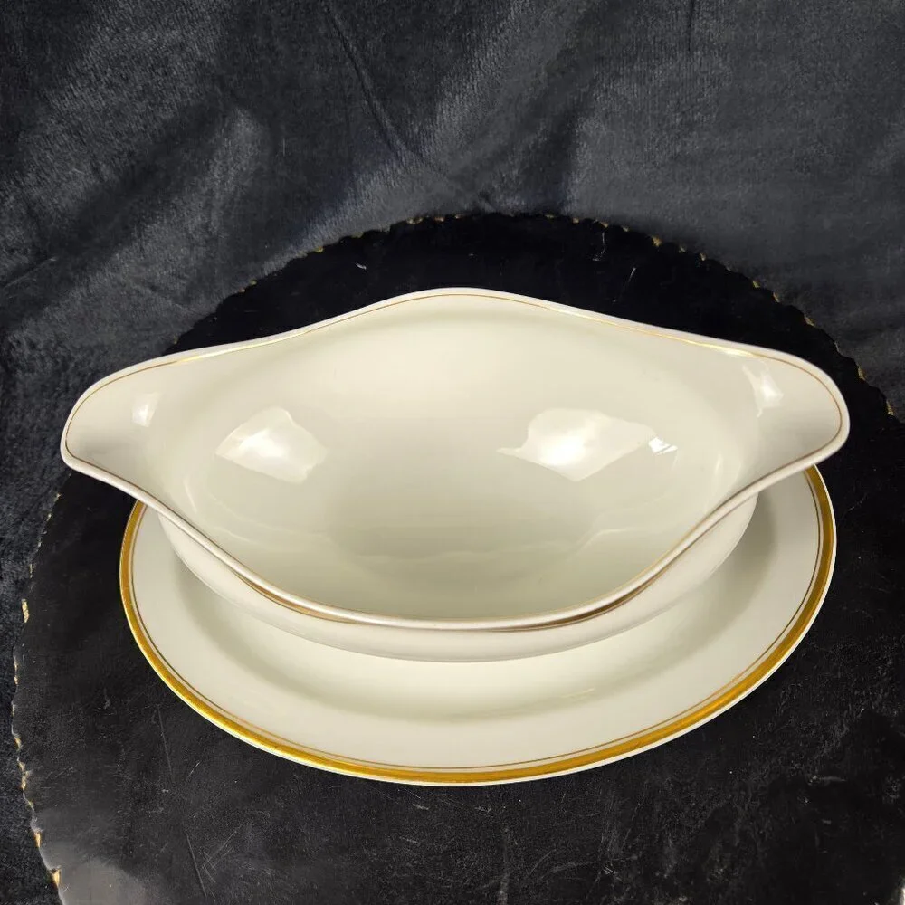 Haviland Limoges Gravy Boat with Underplate Attached Cream w/ Gold Accents Vtg
